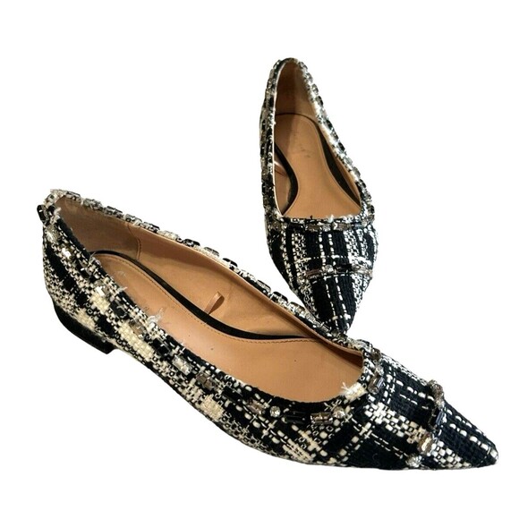 Zara Tweed Beaded Jeweled Fabric Black White Pointed Toe Flat  Shoes EU38 - Picture 3 of 12